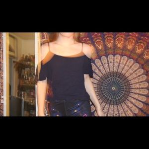 Shoulderless dark navy blue spaghetti strap blouse